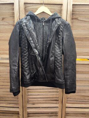 Mo-Ka Faux Leather Moto Jacket Tweed Hood Gray Distressed Quilted Bomber M